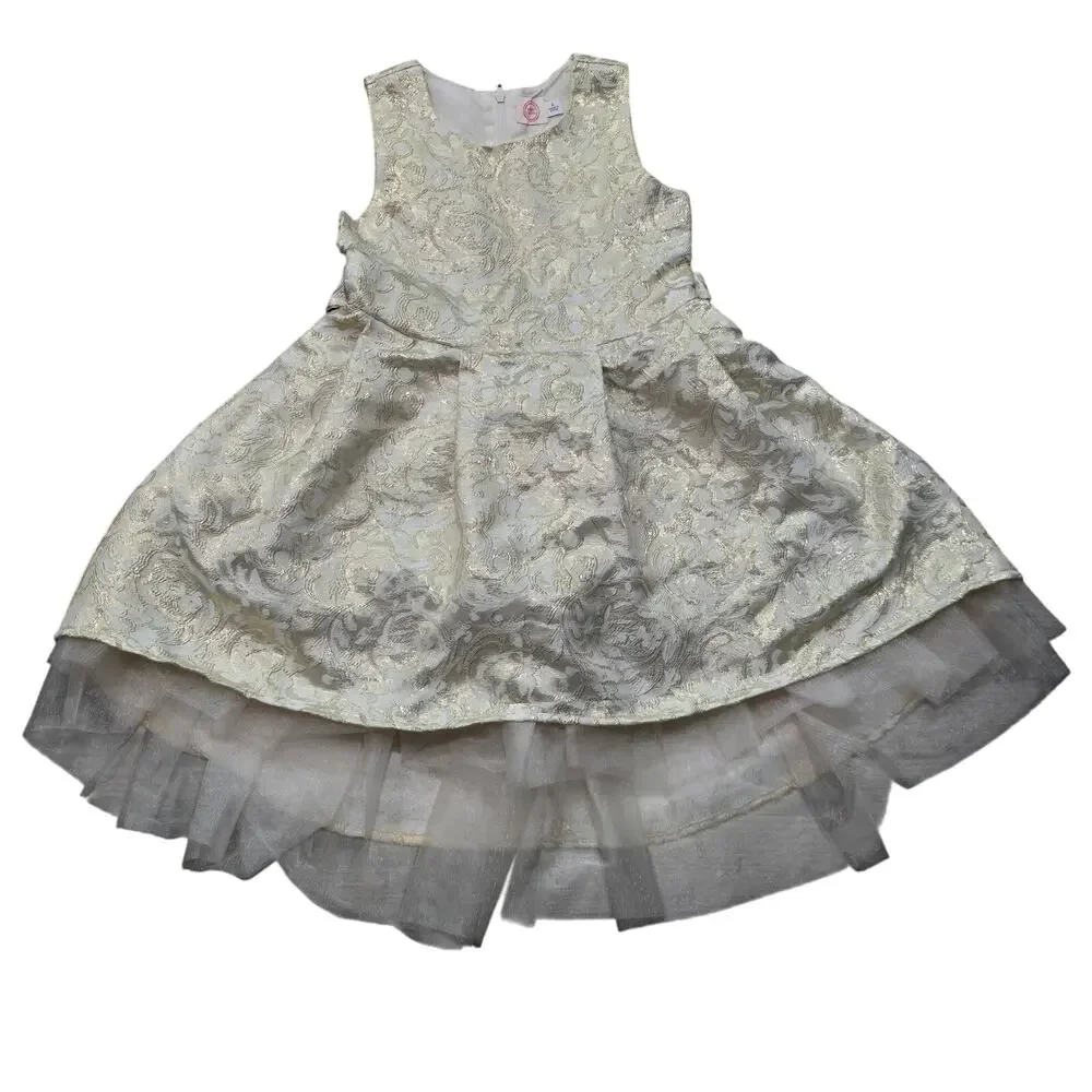 Wonder Nation Ivory & Gold Accent Sleeveless Brocade Mesh Bow Dress